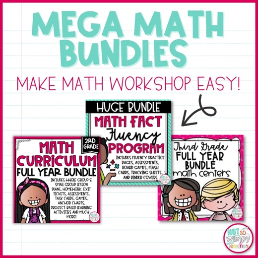 Have you seen our MEGA MATH BUNDLES for 3rd & 4th Grade? 🤩 Our Mega Math Bundles for grades 3 & 4 include EVERYTHING you need to teach math workshop in one convenient, money-saving bundle. ✅ Full Math Curriculum (10 student-friendly units) ✅ Math Fact Fluency Program (full program with mixed-fact practice) ✅ Math Center Bundle (90 done-for-you math centers) This is your chance to make math workshop for 3rd or 4th grade EASY for you next year! 📌 https://bit.ly/44uFUDp | Not So Wimpy Teacher