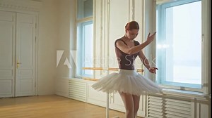 Young ballerina in tutu skirt dancing practicing ballet positions in dance class. Young classical dancer woman in dance studio. Ballet class training. Ballet school concept