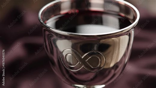 Close-up of a silver chalice with an infinity symbol. Red wine in a metallic cup. Ritual and celebration concept