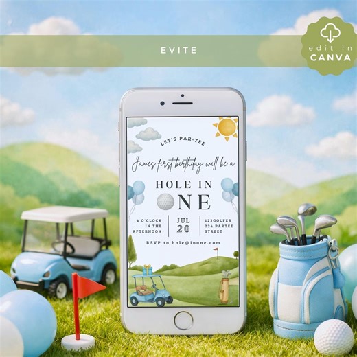 Hole in One Birthday Mobile Phone Invitation, Golf First Birthday Theme, Par-tee 1st Birthday for Boys, SPO03 - Etsy
