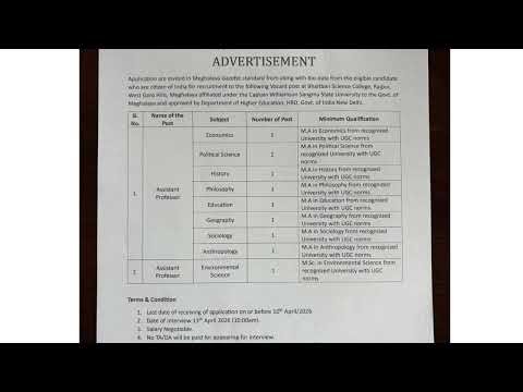 Assistant professor- Bhaitbari Science College, Meghalaya Walk-in-interview13.04.2026....