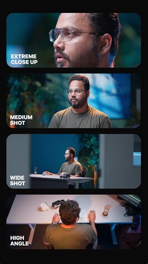 🎬 One Scene, Four Different Angles — That’s the Power of Cinematic Storytelling! Here are 4 creative angles you can try for a working-on-table shot: - Extreme Close Up - Medium Close Up - Wide Shot - High Angle ✨ Extreme Close Up (ECU): It highlights fine details, textures, and adds intensity to your scene. ✨ Medium Close Up (MCU): It focuses on expressions, emotions, and keeps the subject at the center of attention. ✨ Wide Shot (WS): It helps to establish the setting and gives viewers a clear 