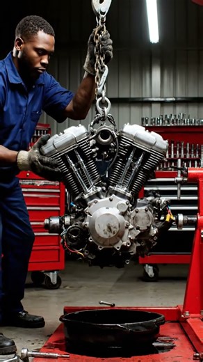 A mechanic is removing the engine from a motorcycle. #mechanical #handpumpautomationmotorfixing