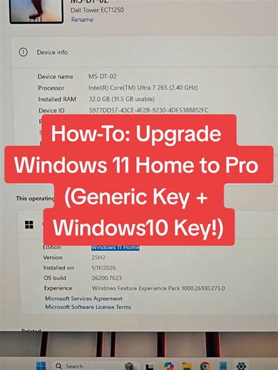Learn how to upgrade Windows 11 Home to Pro using a generic key, then activate with a Windows 10 Pro key. Perfect for existing key holders #Windows11 #WindowsKey #TechTips #PCUpgrade #TechTok