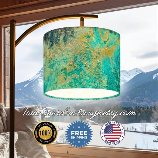 Floor Lamp, Standing Lamp Turquoise Blue Rust Linen Lampshade Rustic Lamp, USA Made - Etsy
