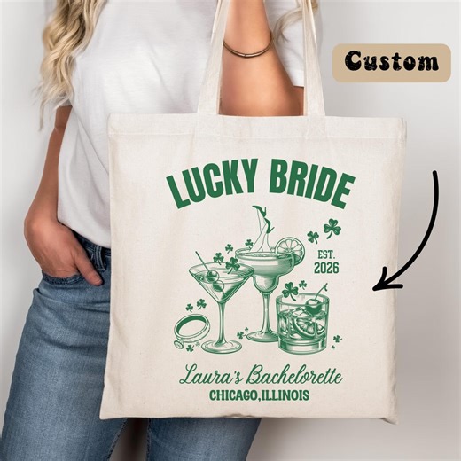 Lucky Bride Tote Bag, Personalized Bachelorette Party Bag, Irish Shamrock Gift for Bridesmaids, St Patrick’s Day Bridal Crew Tote - Etsy