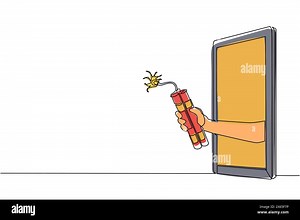 Single continuous line drawing hand holding dynamite through mobile phone. Concept of warfare video games, e-sport, entertainment application for smar Stock Vector Image & Art - Alamy