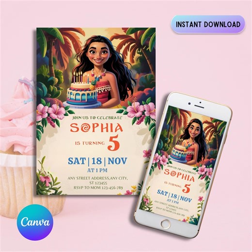Editable Moana Invitation, Moana Invite, Kids Theme Party Digital Birthday Invite, Hawaiian Kids Party Template, Instant Download Invitation - Etsy Australia