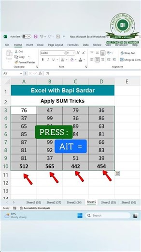 Auto Sum in Excel | Press Alt + = | How to Apply Sum Function in Excel ? #exceltips #autosum #shorts