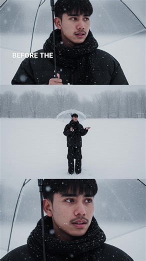 Create a vertical frame - size 2160x3840 pixels (4K quality) - divided into three equally sized horizontal images placed together. The main character is based on the reference face, hairstyle, and body: a young figure with an expression of sadness and nostalgia, deep eyes radiating loneliness. The outfit is a loose winter puffer set with wide-leg pants and a black scarf. The overall atmosphere is covered in white snow, with a cold color palette that evokes melancholy and solitude. Image 1 (portr