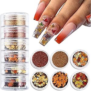 Fall Nail Art Glitter Maple Leaf Nail Sequins Powder 3D Holographic Autumn Leaves Nail Flakes Fall Nail Design for Women Girls Nail Decor DIY Crafts 6 Jars Orange Yellow