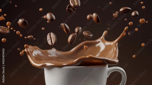 Explosion of rich coffee as beans and liquid splash dynamically over a crisp white mug in a dramatic, high-speed studio shot