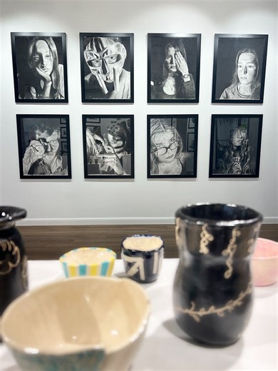 The Fall Conference Art Gallery is up! Visit the Inspiration Gallery to explore charcoal portraits, double exposure photography, color camouflage paintings, sgraffito clay moths, and darkroom pinhole photography. Check out the student notebooks... and don’t forget to press the interactive buttons near the continuous line Beach Boys albums! #LandmarkSchool | Landmark School