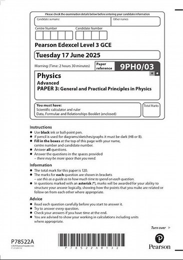 Pearson Edexcel Level 3 GCE JUNE 2025 Physics Advanced PAPER 3 QUESTION PAPER