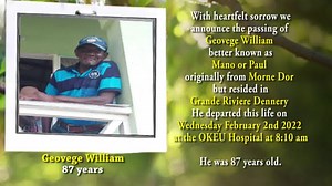 GVD live Stream Package - Death announcement & life in photo - 3 camera live streaming Church to cemetery - Emailed copy of Funeral - live on Facebook, YouTube & Television ONLY $750 Death announcement of Geovege William | Great Vision Designs In Memoriam