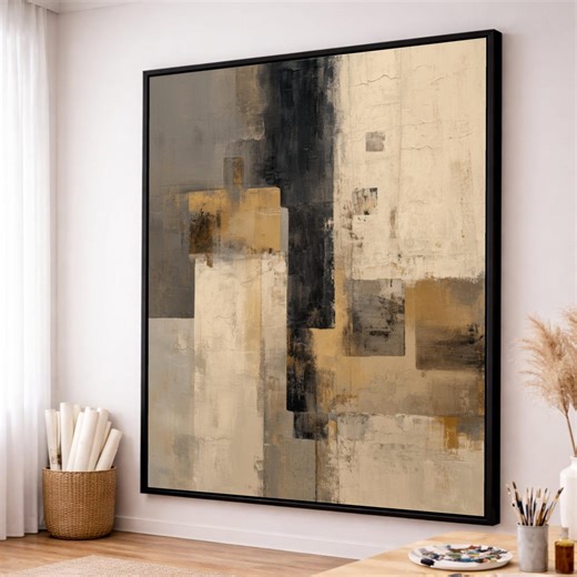 Handmade Abstract Canvas Art, Beige Brown Black, Ready to Hang - Etsy