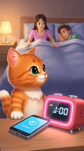 cat using paw to tap phone and stop alarm, humans sleeping, funny morning moment”