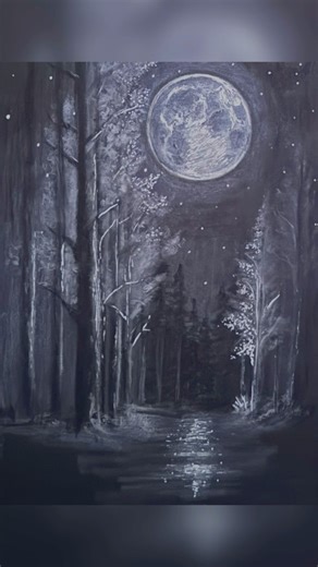Winter scenery #art #drawing #shading #pencil #charcoal #moonlight #landscape #winter #night #moon