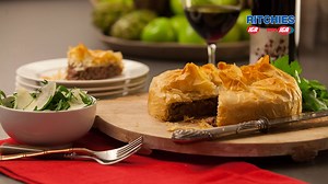 A delicious family pie fit for a feast! Recipe at: www.lovefood.net.au/beef-caramelised-onion-and-filo-pie/ | Love Food