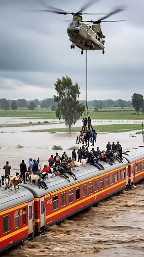 96K views · 644 reactions | Helicopter Rescues Passengers Stranded on Flooded Train | World Disaster | Facebook