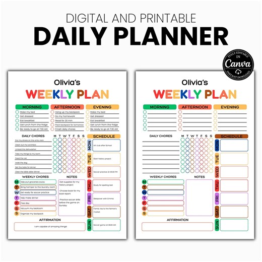 Kids Weekly Planner Printable Daily Chore Chart Canva Editable Routine Schedule Personalized Homeschool Responsibility Tracker - Etsy