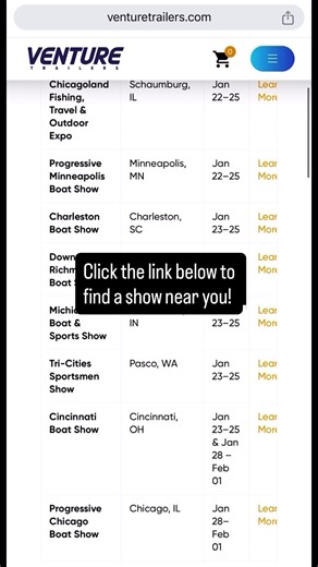 Boat show season starts now. See the full lineup of 2026 boat shows and find Venture dealers throughout the year. https://venturetrailers.com/boat-shows-of-2026/ #venturetrailers #boatshowseason #boattrailers #boatdealers #marineindustry #boatinglife #dealernetwork #builtfordealers #2026boatshows | Venture Trailers