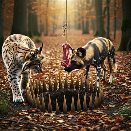 Will It Press the Trap?Lynx🐈 and african dog🐕 meet Meat piece🥩 in the forest and Spike Pit⚠️