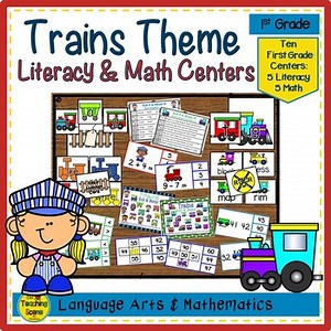 First Grade Trains Themed Literacy & Math Centers & Activities