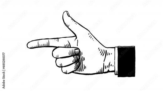 Hand drawn animation of a pointing hand. 4k loop ready. Palm of hand with index finger extended