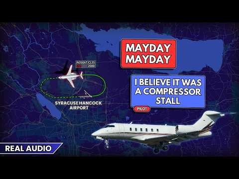 MAYDAY. Engine compressor stall after takeoff at Syracuse Airport. Real ATC
