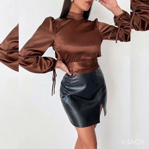 Leather Skirts Outfit With Satin Silk Blouses/Tops