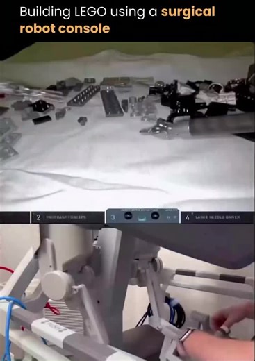 Intellarity on Instagram: "A surgical robot was used to assemble LEGO pieces, demonstrating the extreme precision of medical robotic systems beyond the operating room. In the setup, an operator controlled robotic arms from a console, using the same forceps and needle drivers designed for minimally invasive surgery. These tools allowed the robot to pick up, position, and place tiny LEGO components with high accuracy. The experiment highlights why surgical robots are so effective in medicine: they