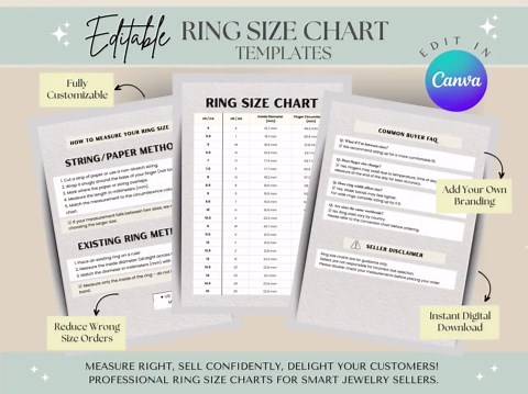 Editable Ring Size Chart Template | Printable Ring Sizer | Ring Measurement Chart for Jewelry Seller (canva) - Etsy