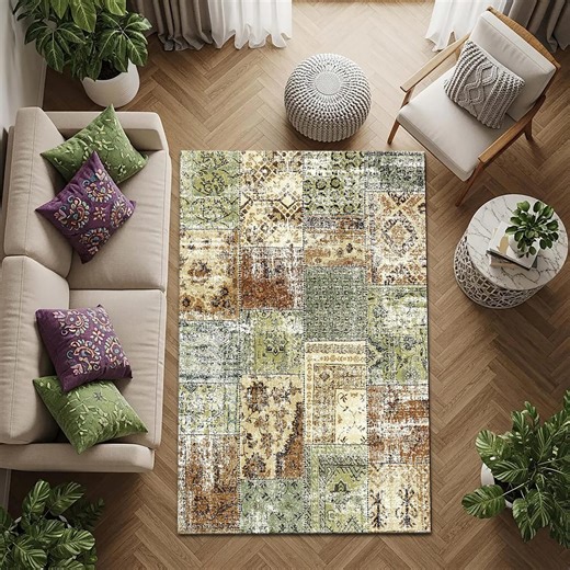 Vintage Patchwork Printed Area Rug, Distressed Classic Pattern Rug in Sage Green and Beige, Machine Made Decorative Floor Rug - Etsy