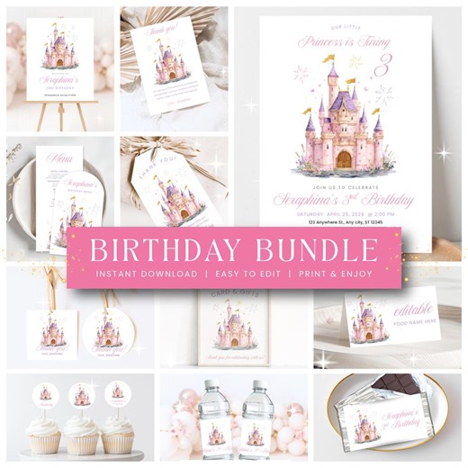 Princess Party Invitation Bundle, Girls Castle Birthday Invite, Decorations Printable Pink Purple, 1st Birthday Party Bundle - Etsy