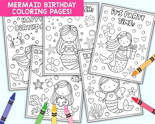 Mermaid Birthday Party Coloring Pages | Under the Sea Coloring Activity for Kids | Printable PDF - Etsy