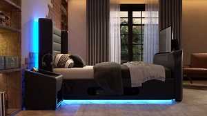 It’s here. Introducing the Drift Gaming Bed 🎮 If you’re obsessed with gaming, this bed is for you. Combine your favourite hobby with ultimate comfort. Available in either black faux leather with green or blue mood lighting, or grey fabric with white mood lighting, and piping to complement. Special features: LED mood lighting | Console storage | Headset holder | USB ports | Headphone jack | Ottoman storage | Matching bedsides | 2.1 sound system Choose from 32” Smart LED HD, 43” Smart LED HD or 4