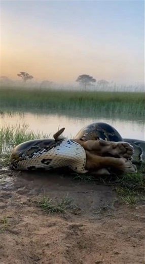 The python covered half of the lion's body as it quickly bit and swallowed the lion. #python