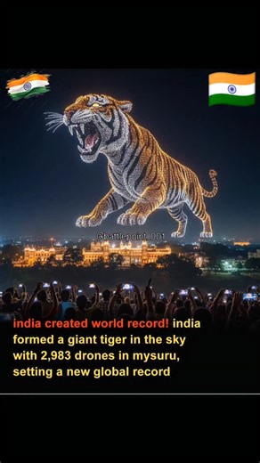 World Scan on Instagram: "India set a new Guinness World Record for the largest aerial image of a mammal by forming a giant tiger with 2,983 drones in Mysuru, Karnataka, during the Dasara festival. The display was organized by BotLab Dynamics and the Chamundeshwari Electricity Supply Corporation (CESC). Record-breaking event: The display, held at the Bannimantap Parade Grounds, used 2,983 drones to create a colossal tiger in the sky, breaking the previous record of 1,985 drones. Official recogni