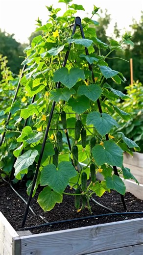 Vertical Cucumber Gardening: How to Grow More in Less Space If you love smart backyard design and productive garden layouts, vertical cucumber growing is a game-changer. Training cucumbers up a sturdy trellis not only maximizes space but also improves plant health, boosts yield, and creates a visually striking garden feature. The image above showcases cucumbers thriving on a slanted metal trellis, with dozens of evenly spaced fruits hanging cleanly and beautifully. This method combines functiona