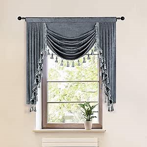 ELKCA Grey Chenille Curtains Valance for Living Room Window Waterfall Valance for Kitchen, Rod Pocket (W39 Inch, 1 Panel)