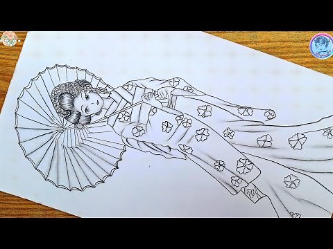 How to draw a traditional Japanese girl with kimono||pencil sketch-for beginners||drawing art