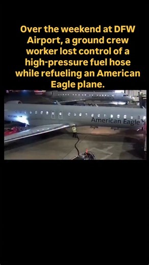 ✈️ JET FUEL SPILL AT DFW AIRPORT Over the weekend at Dallas–Fort Worth International Airport, a ground crew worker lost control of a high-pressure fuel hose while refueling an American Eagle aircraft. Video shows the hose whipping wildly as jet fuel sprayed uncontrollably around the plane, forming large pools beneath it. Emergency crews quickly activated spill-containment systems and shut down nearby gates. No injuries or aircraft damage were reported. American Airlines and fueling contractor Me