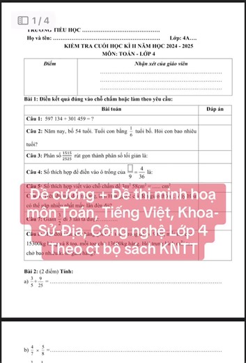 Đề cương Đề thi minh hoạ môn Toán, Tiếng Việt, Khoa-Sử-Địa, CN Lớp 4. Theo ct bộ sách KNTT #capcut #BacHo #cogiaotieuhoc #tiktoks #xh #kntt #tiktokindia #ketnoitrithuc #tiktokindia #tailieuhoctap #thihocki #xhtiktok #lop4