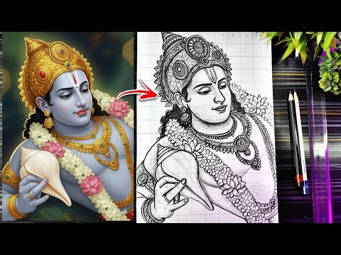 Lord Vishnu Drawing, How To Draw Lord Vishnu With Sankh, Lord Narayana Drawing, Step By Step