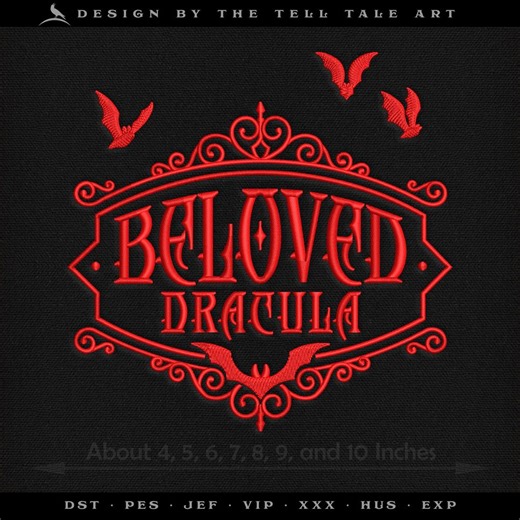 Gothic "beloved Dracula" Embroidery Design - Seven Sizes 4 to 10 Inches Wide - Two Versions - Etsy Canada