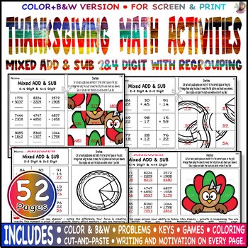 Mixed Add & Subtract 2 & 4 Digit with regrouping | Thanksgiving Math Activities.