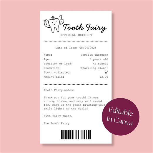 Editable Tooth Fairy Receipt, Printable Keepsake (canva Template) - Etsy