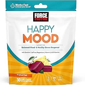 FORCE FACTOR Happy Mood, Mood Support and Mood Balance Supplement to Support Happiness, Positivity, and Stress, Made with Magnesium, Saffron, Zembrin, Non-GMO, Tropical Fruit Flavor, 30 Soft Chews