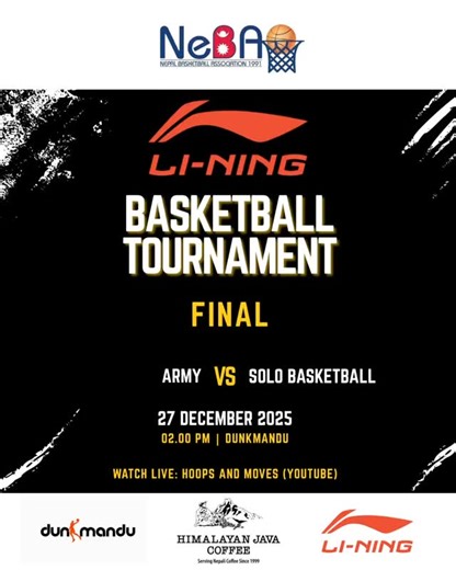 Himalayan Java Basketball League on Instagram: "THIS IS IT — THE FINAL SHOWDOWN. The Li-Ning Basketball Tournament comes down to one last battle. 🔥 Army 🆚 Solo Basketball 🕑 2:00 PM 📍 Dunkmandu 📺 Live on: www.youtube.com/@HoopsandMoves Two teams. One trophy. Heart, pride, and glory on the line. Don’t miss the moment champions are made. 🏀🔥"
